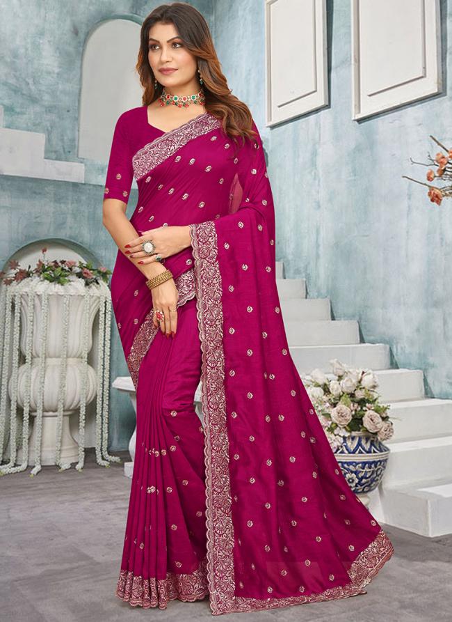 Vichitra Blooming Rani Pink Wedding Wear Jari Work Saree